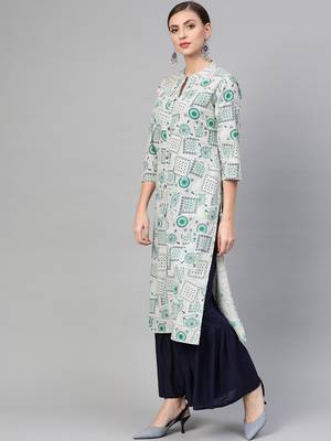 Women White A-Line Cotton Flex Printed Mandarin Collar Long Kurta 3