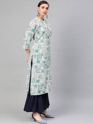Women White A-Line Cotton Flex Printed Mandarin Collar Long Kurta 4