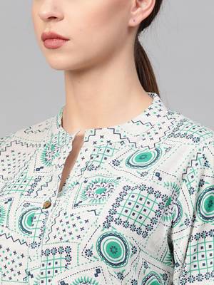 Women White A-Line Cotton Flex Printed Mandarin Collar Long Kurta 5