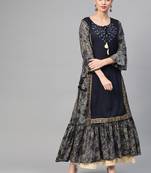 Women Navy Blue Straight Rayon Printed Round Neck Long Kurta