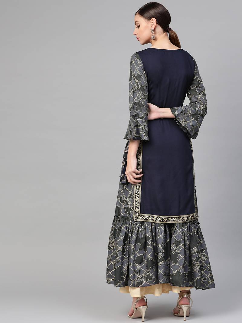 Women Navy Blue Straight Rayon Printed Round Neck Long Kurta