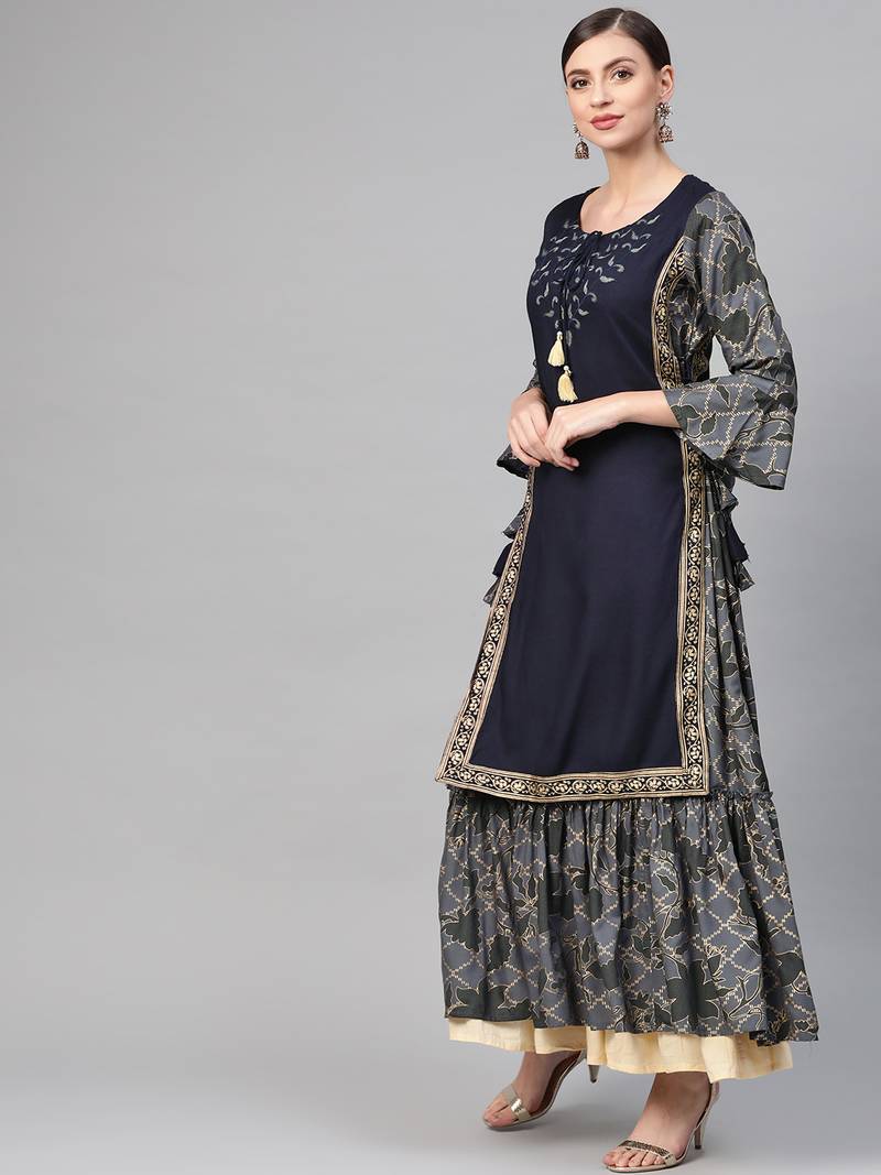 Women Navy Blue Straight Rayon Printed Round Neck Long Kurta