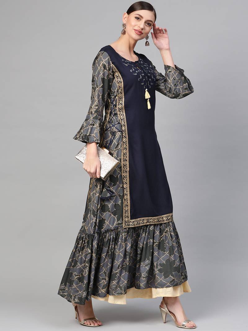 Women Navy Blue Straight Rayon Printed Round Neck Long Kurta