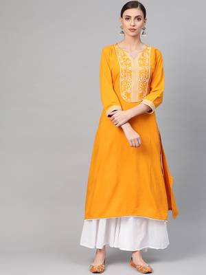 Women Yellow Straight Rayon Printed Round Neck Long Kurta 1