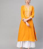 Women Yellow Straight Rayon Printed Round Neck Long Kurta