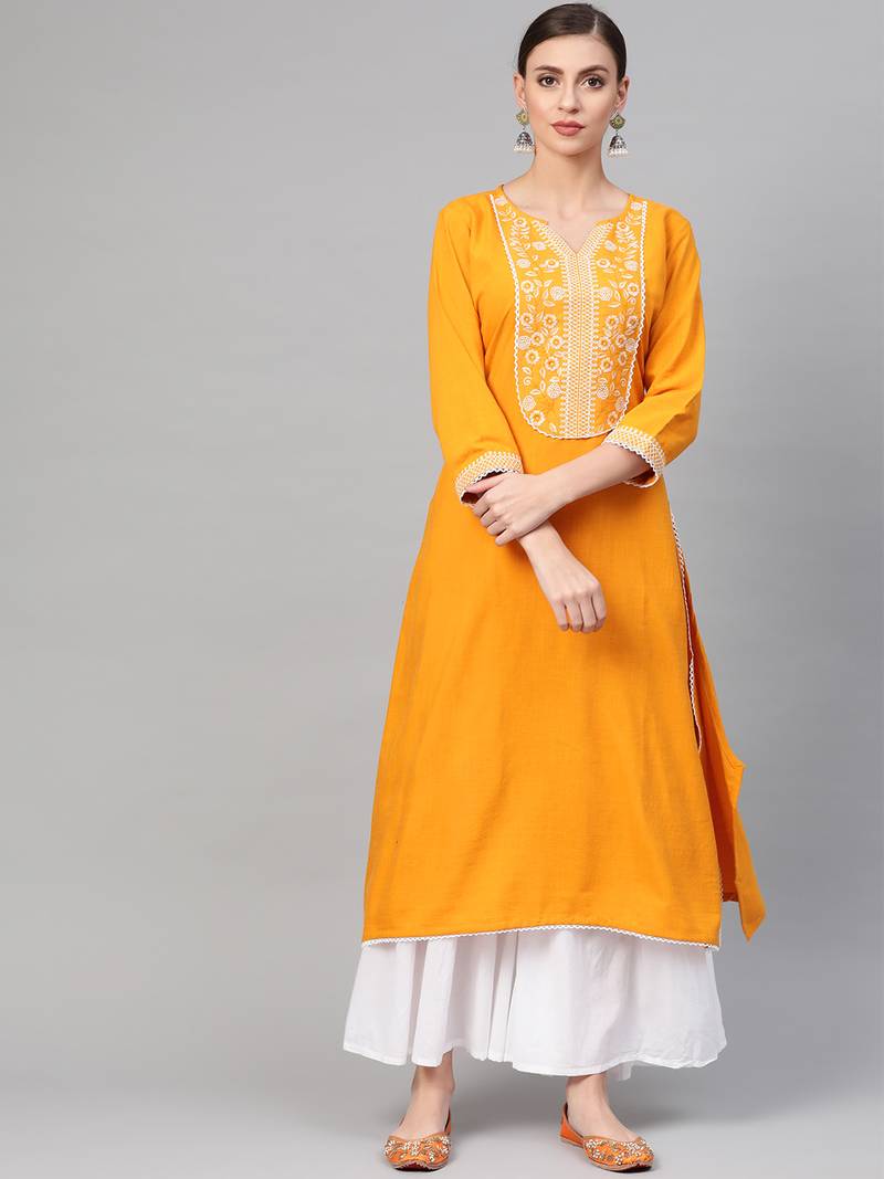Women Yellow Straight Rayon Printed Round Neck Long Kurta