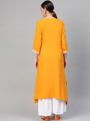 Women Yellow Straight Rayon Printed Round Neck Long Kurta 2