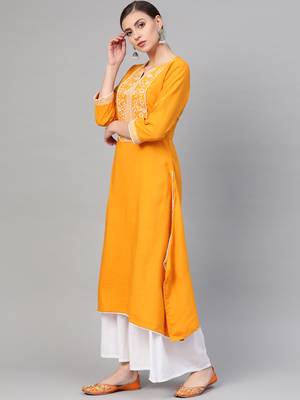 Women Yellow Straight Rayon Printed Round Neck Long Kurta 3