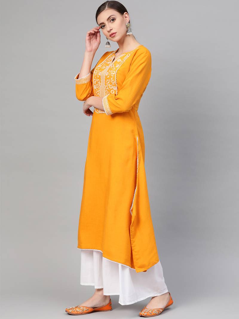 Women Yellow Straight Rayon Printed Round Neck Long Kurta