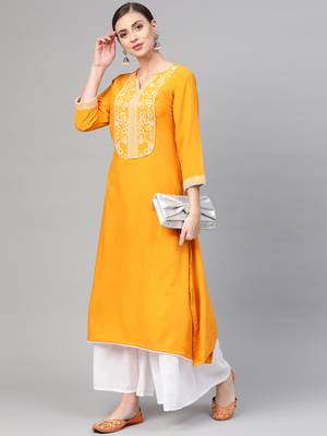 Women Yellow Straight Rayon Printed Round Neck Long Kurta 4