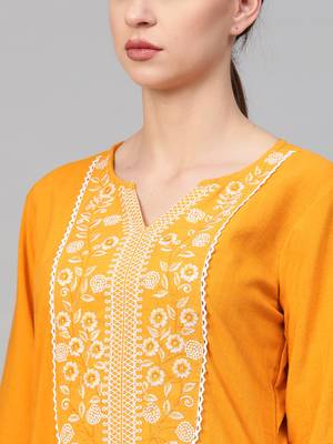 Women Yellow Straight Rayon Printed Round Neck Long Kurta 5
