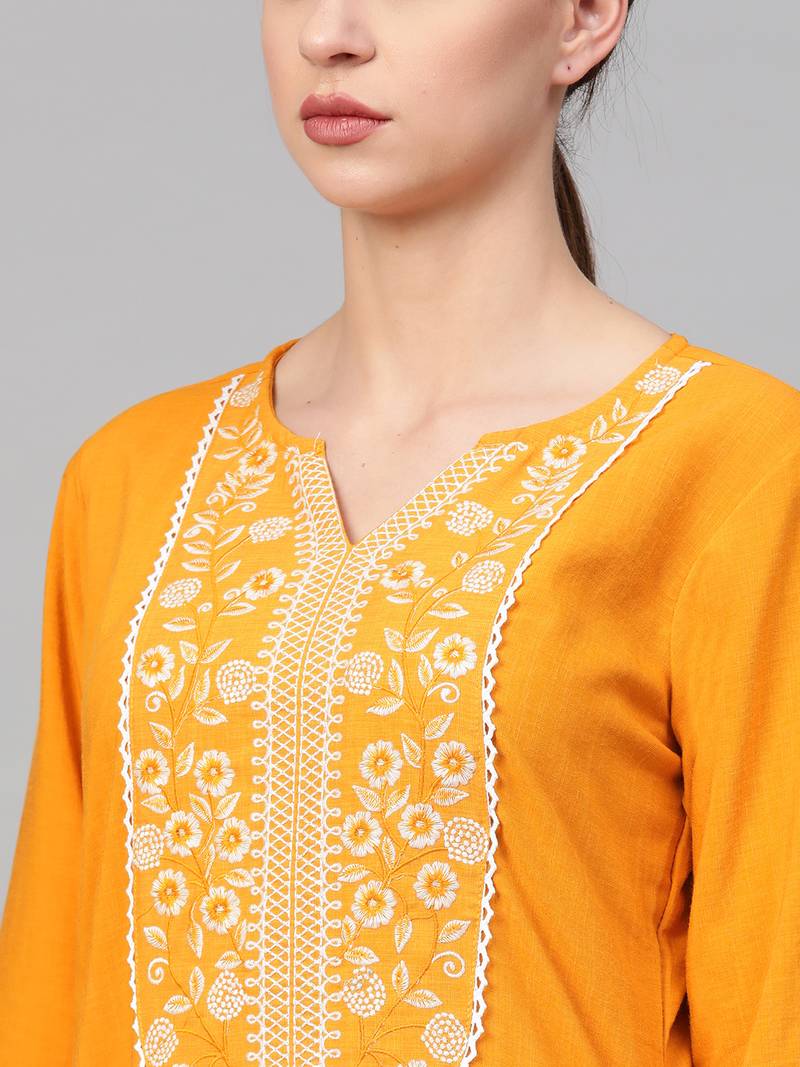 Women Yellow Straight Rayon Printed Round Neck Long Kurta