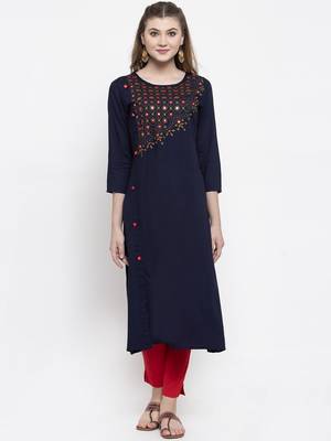 Women Navy Blue A-Line Rayon Slub Embroidered Round Neck Long Kurta 1