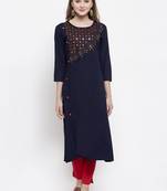 Women Navy Blue A-Line Rayon Slub Embroidered Round Neck Long Kurta