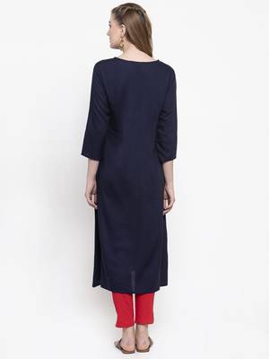 Women Navy Blue A-Line Rayon Slub Embroidered Round Neck Long Kurta 2