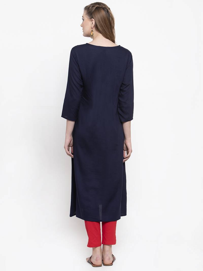 Women Navy Blue A-Line Rayon Slub Embroidered Round Neck Long Kurta