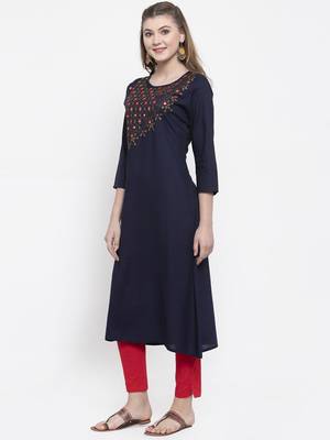 Women Navy Blue A-Line Rayon Slub Embroidered Round Neck Long Kurta 3