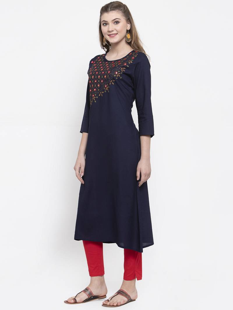 Women Navy Blue A-Line Rayon Slub Embroidered Round Neck Long Kurta
