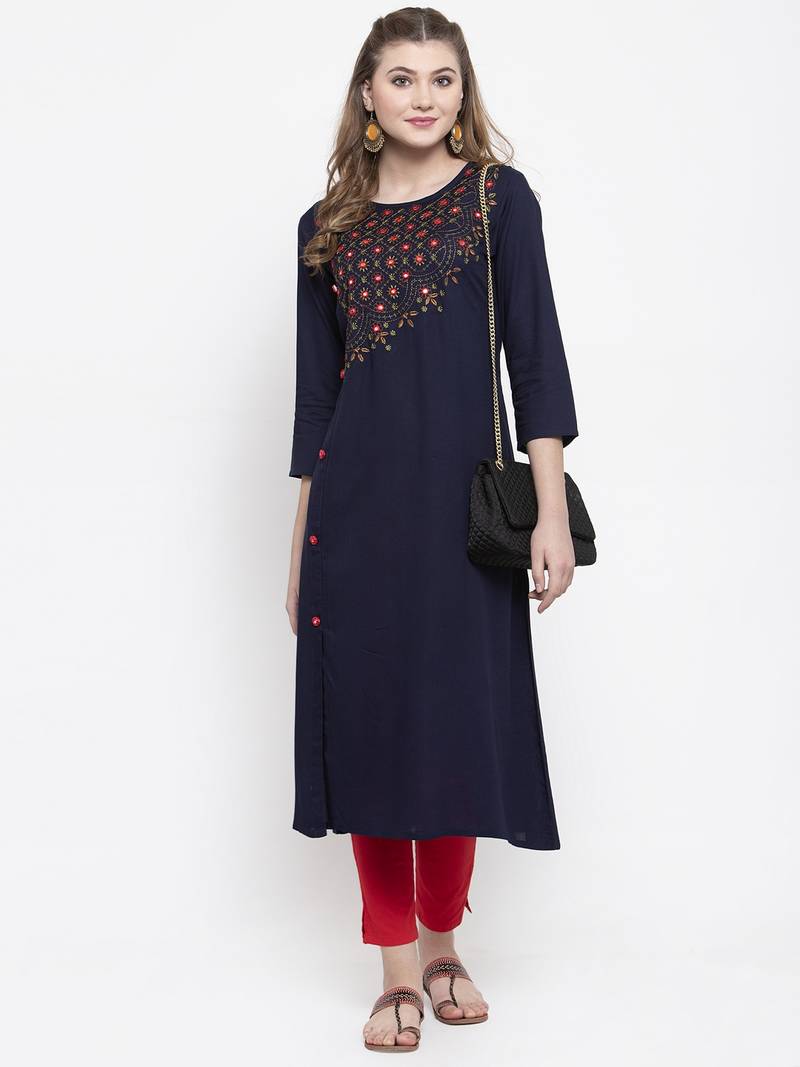 Women Navy Blue A-Line Rayon Slub Embroidered Round Neck Long Kurta
