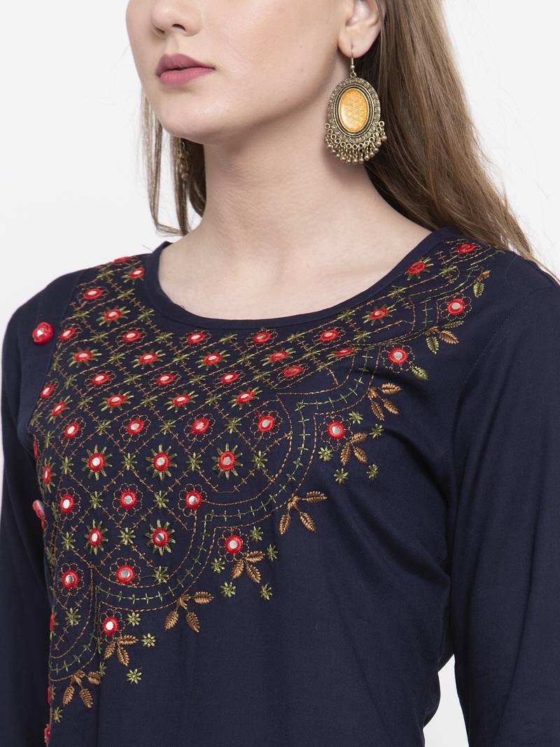 Women Navy Blue A-Line Rayon Slub Embroidered Round Neck Long Kurta