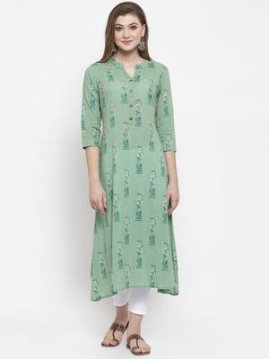 Women Green A-Line Cotton Slub Printed Mandarin Collar Long Kurta 1