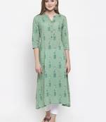 Women Green A-Line Cotton Slub Printed Mandarin Collar Long Kurta