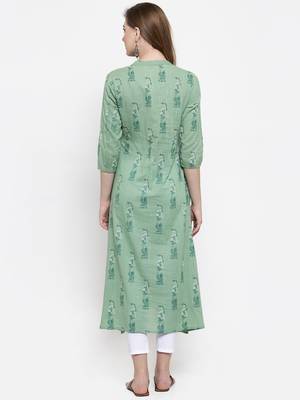 Women Green A-Line Cotton Slub Printed Mandarin Collar Long Kurta 2