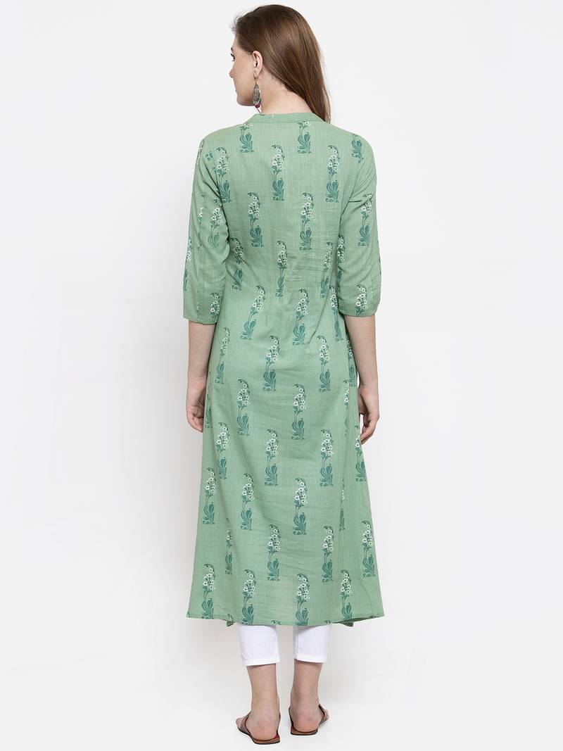 Women Green A-Line Cotton Slub Printed Mandarin Collar Long Kurta