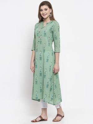 Women Green A-Line Cotton Slub Printed Mandarin Collar Long Kurta 3