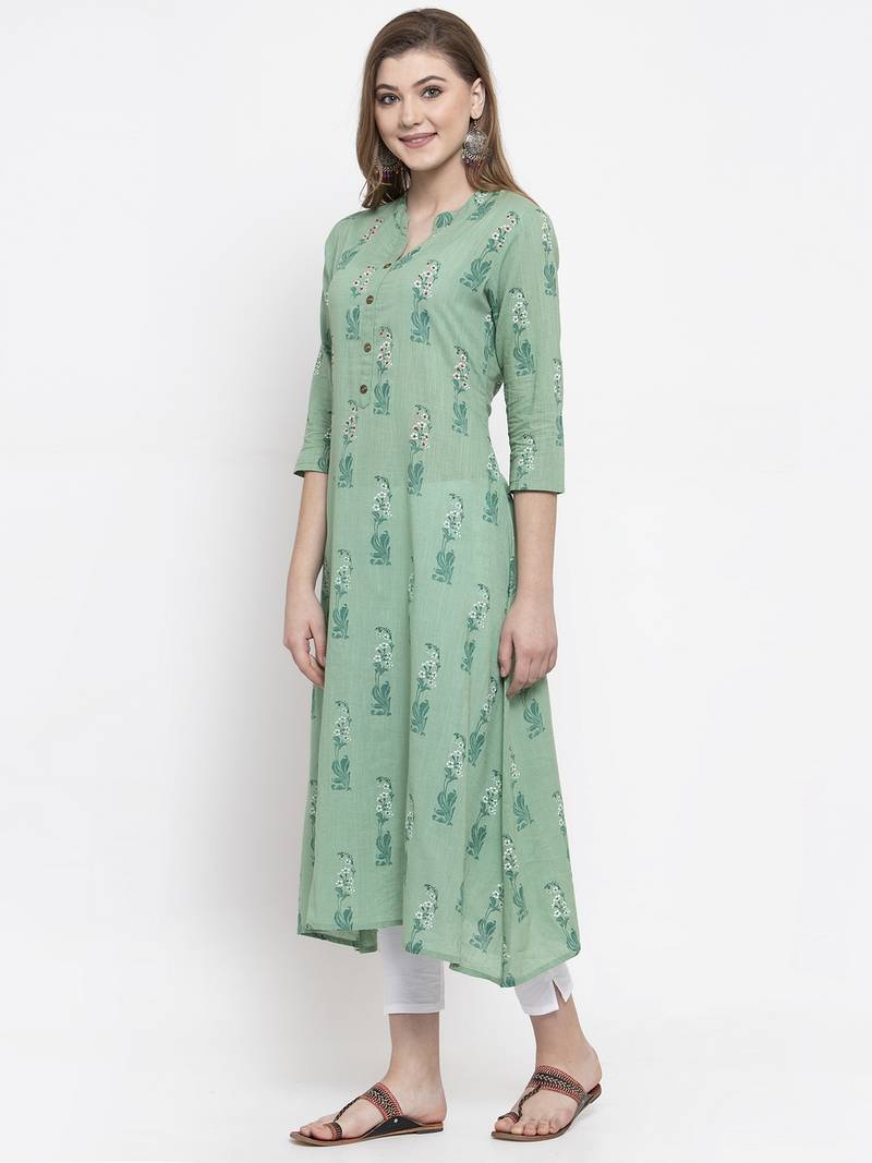 Women Green A-Line Cotton Slub Printed Mandarin Collar Long Kurta