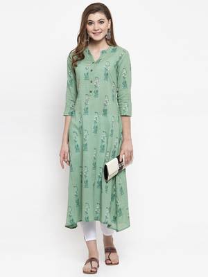 Women Green A-Line Cotton Slub Printed Mandarin Collar Long Kurta 4