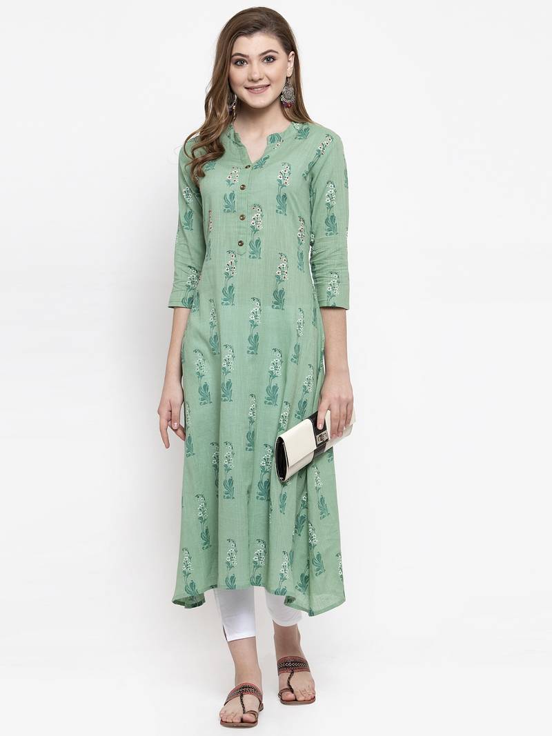 Women Green A-Line Cotton Slub Printed Mandarin Collar Long Kurta