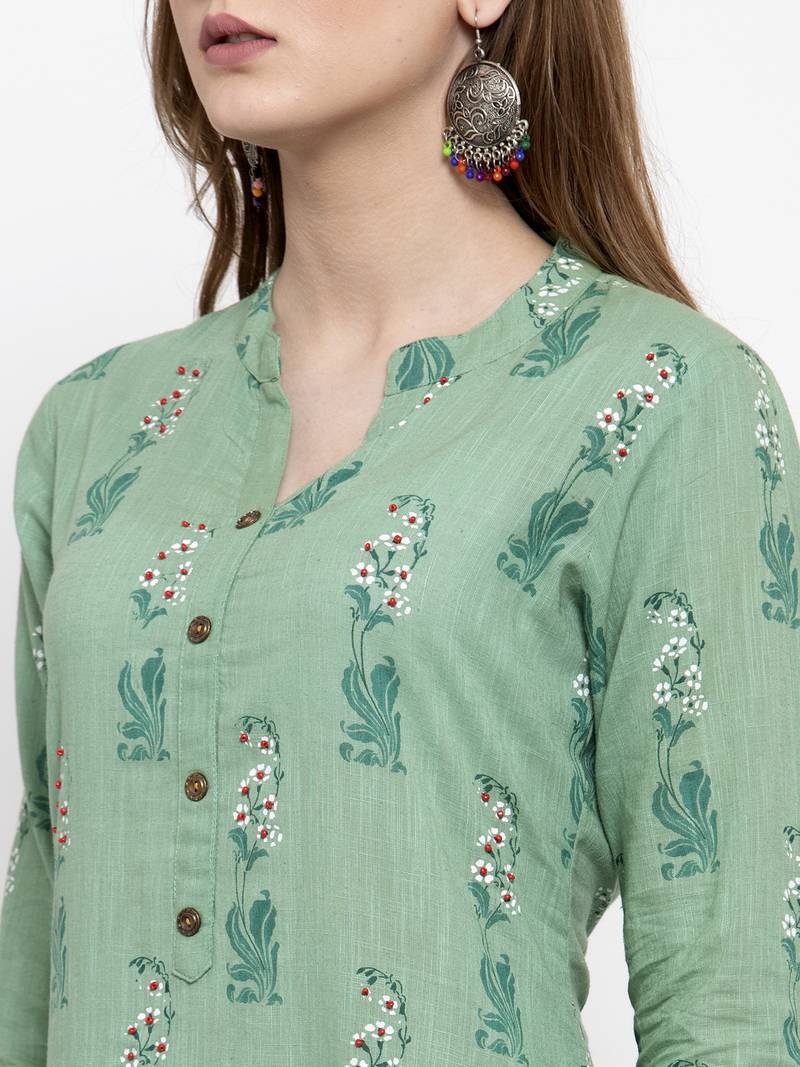 Women Green A-Line Cotton Slub Printed Mandarin Collar Long Kurta
