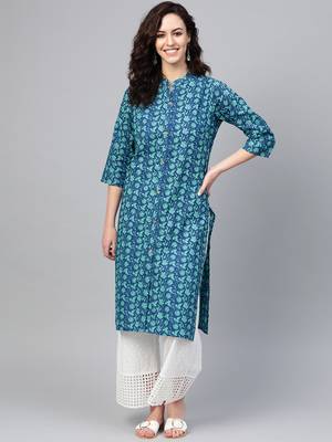 Women Blue Straight Rayon Print Mandarin Collar Long Kurta 1