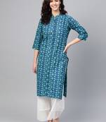 Women Blue Straight Rayon Print Mandarin Collar Long Kurta