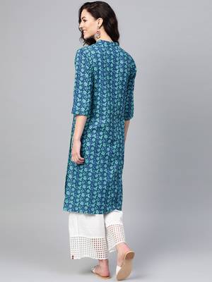 Women Blue Straight Rayon Print Mandarin Collar Long Kurta 2
