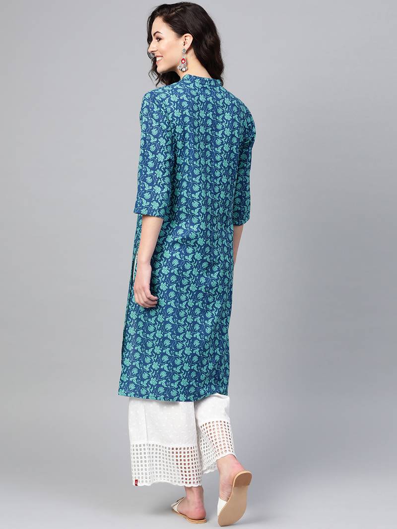 Women Blue Straight Rayon Print Mandarin Collar Long Kurta