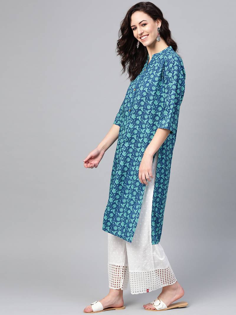 Women Blue Straight Rayon Print Mandarin Collar Long Kurta