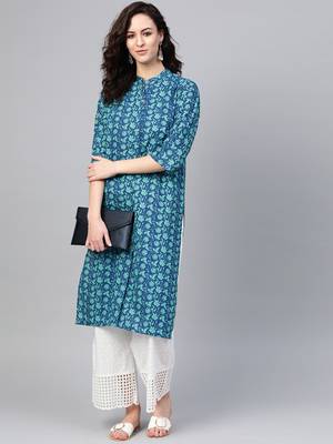 Women Blue Straight Rayon Print Mandarin Collar Long Kurta 4