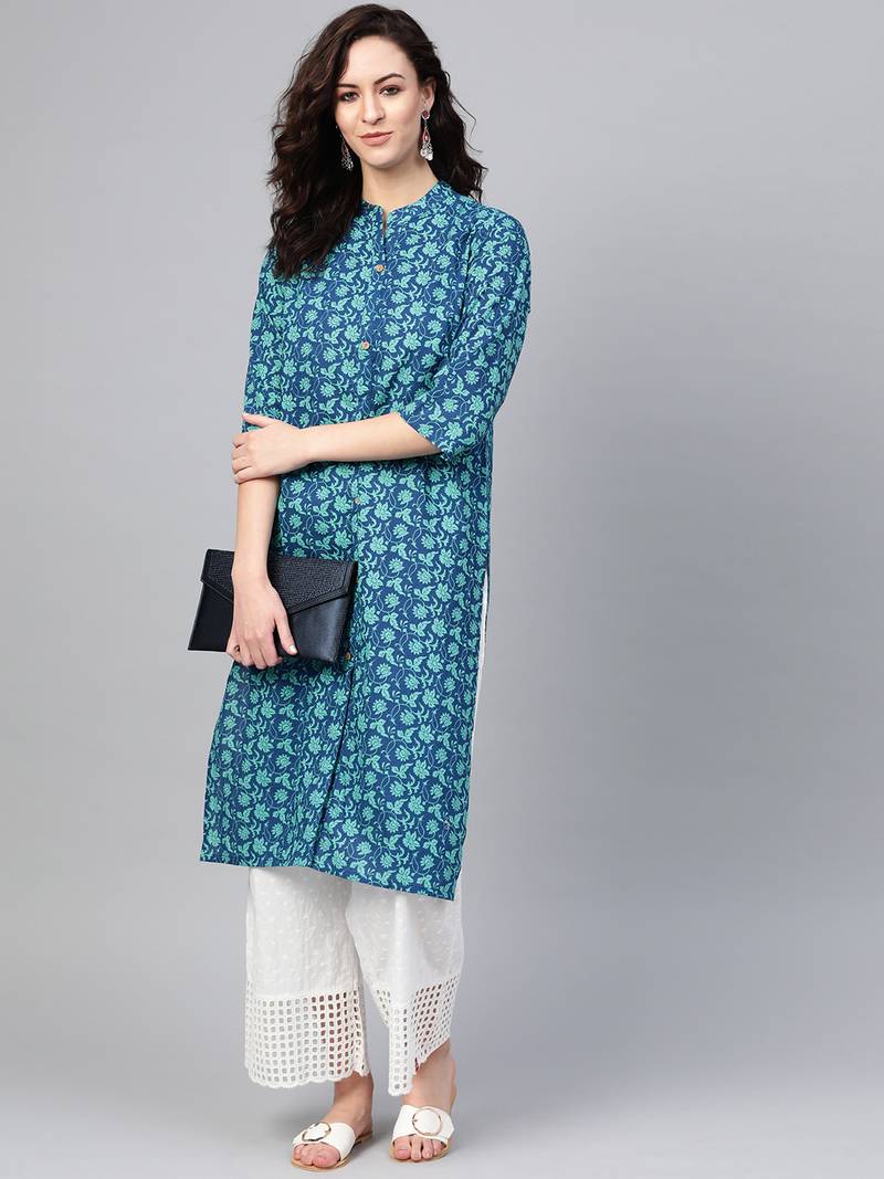 Women Blue Straight Rayon Print Mandarin Collar Long Kurta