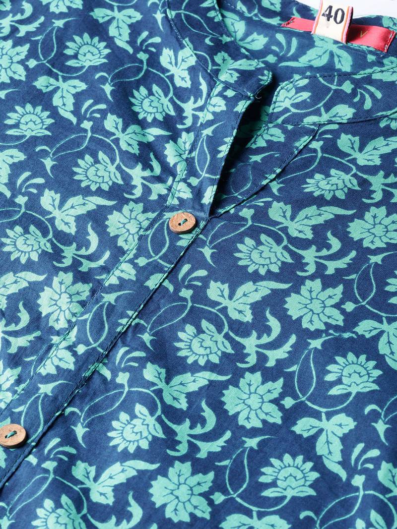 Women Blue Straight Rayon Print Mandarin Collar Long Kurta