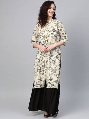 Women Off White Straight Rayon Print Mandarin Collar Long Kurta 1