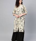Women Off White Straight Rayon Print Mandarin Collar Long Kurta