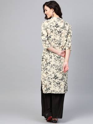 Women Off White Straight Rayon Print Mandarin Collar Long Kurta 2