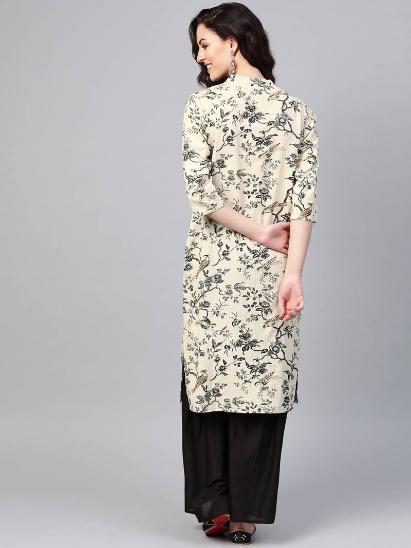 Women Off White Straight Rayon Print Mandarin Collar Long Kurta