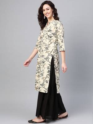 Women Off White Straight Rayon Print Mandarin Collar Long Kurta 3
