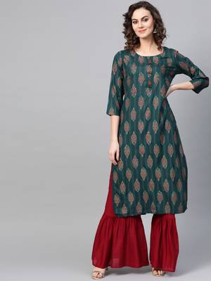 Women Green Straight Rayon Mirror Embroidery Mandarin Collar Long Kurta 1