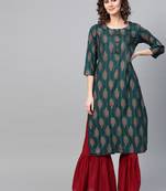 Women Green Straight Rayon Mirror Embroidery Mandarin Collar Long Kurta