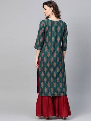 Women Green Straight Rayon Mirror Embroidery Mandarin Collar Long Kurta 2