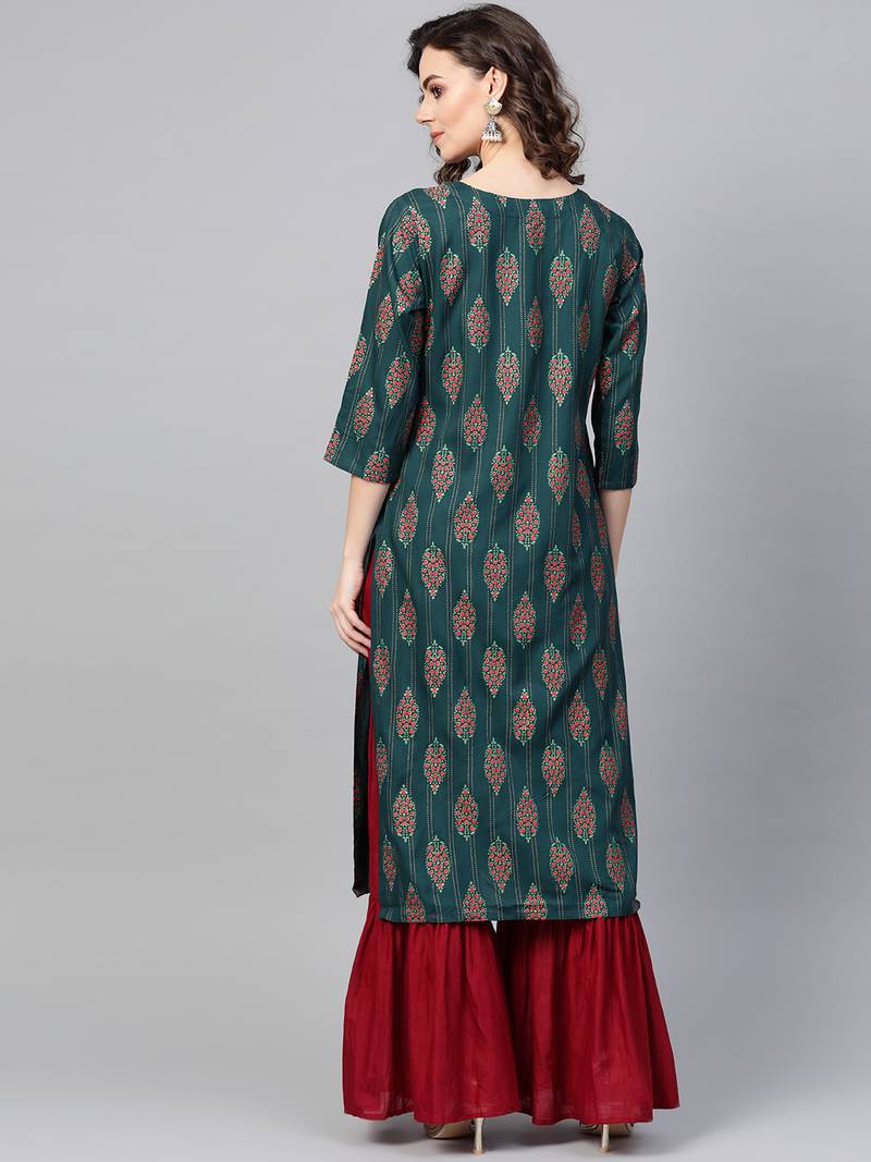 Women Green Straight Rayon Mirror Embroidery Mandarin Collar Long Kurta